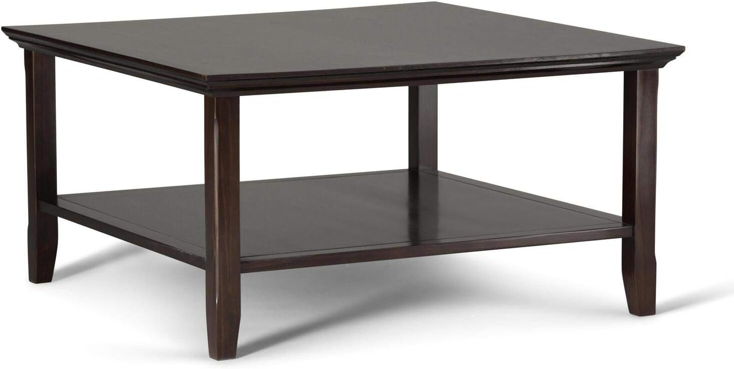 SIMPLIHOME Acadian SOLID WOOD 36 inch Wide Square Transitional Coffee Table in Brunette Brown, for the Living Room and Family Room