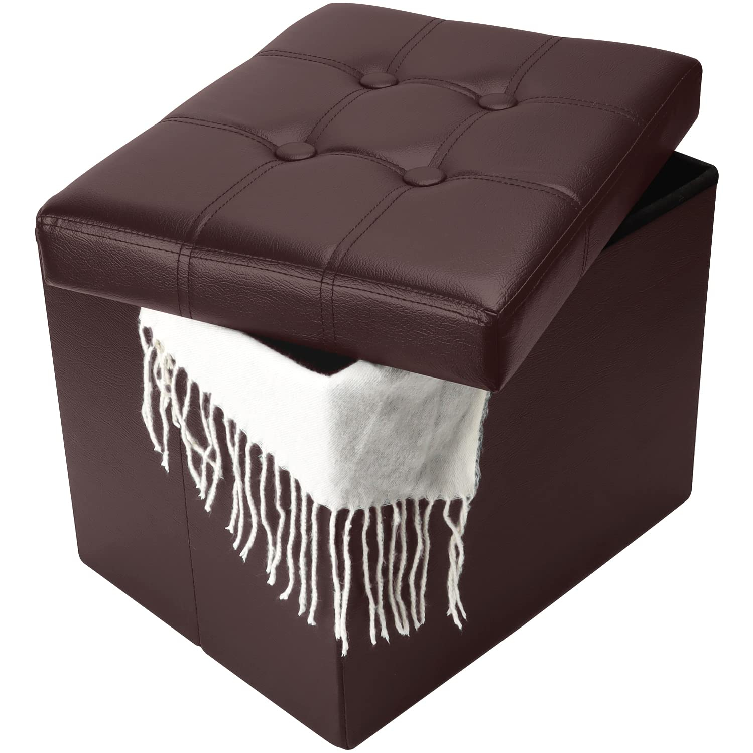 Storage Ottoman, Folding Foot Stool with Thicker Foam Padded Seat Small Leather Storage Ottoman Bench Foot Rest for Living Room Foldable Coffee Table 17x13x13in,Brown