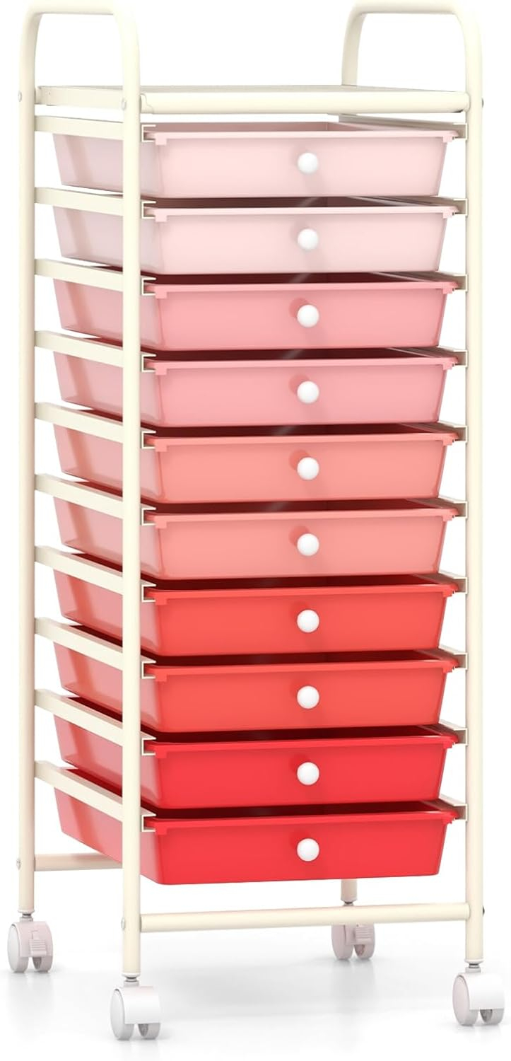 Giantex 10-Drawer Storage Cart w/Universal Wheel, Rolling Cart w/Handle, Home Organizer Storage Unit w/Removable Drawers, Trolley Utility Cart for Kitchen Makeup Living Room Office Play Room