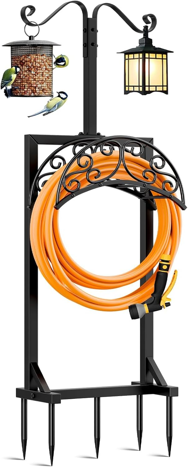 Garden Hose Holder for Outside - Upgraded Water Hose Holders with 5 Spikes & 2 Shepherds Hooks, Freestanding Hose Stand Heavy Duty Hose Hanger Hose Storage Hose Reel Rack for Outside Yard Lawn