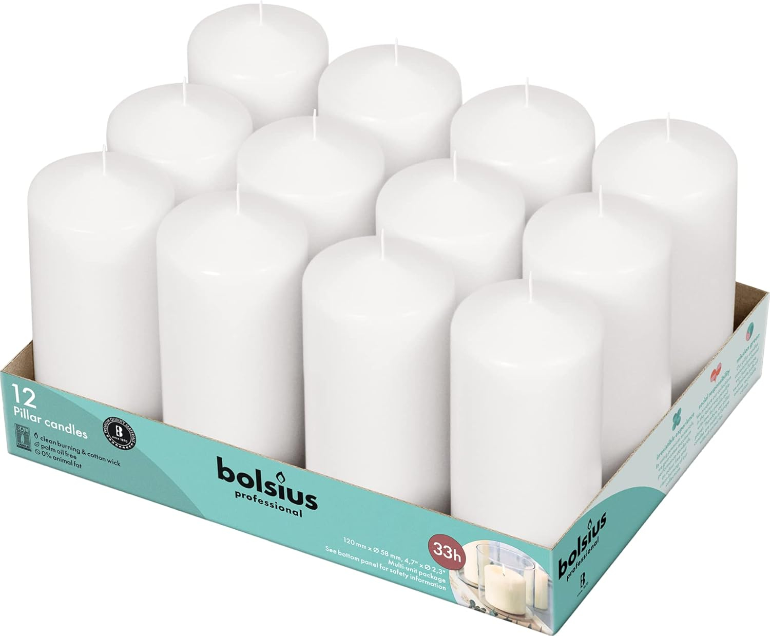 Bolsius White Pillar Candles 2.25x4.75" Unscented 12 Pack for Wedding, Home, Party Decor, Dinner | 33 Hours Long Burning Smokeless and Dripless Candles