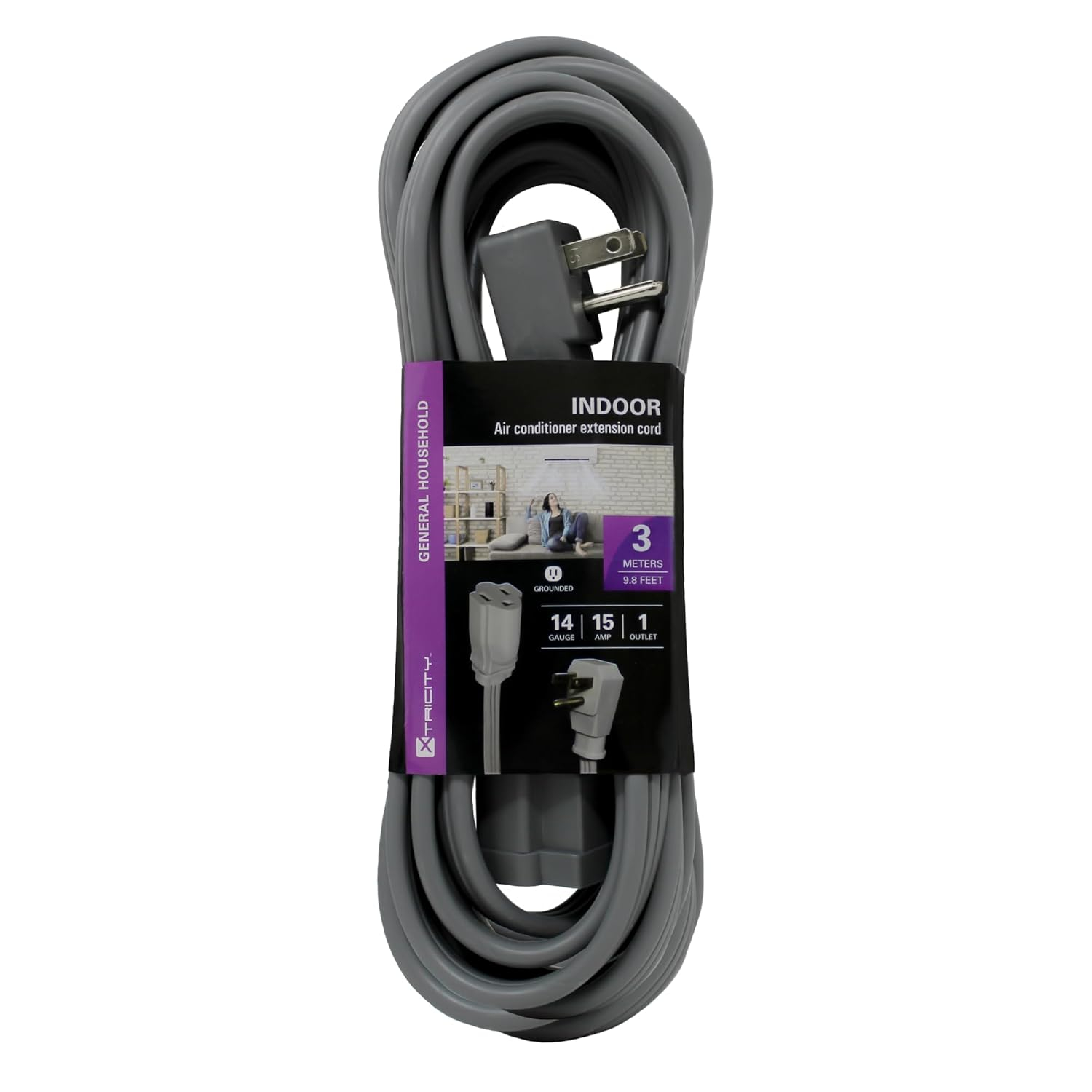 10 FT Heavy Duty Air Conditioner and Appliance Extension Cord, 14 Gauge, 15 Amp, ETL Listed, Grey