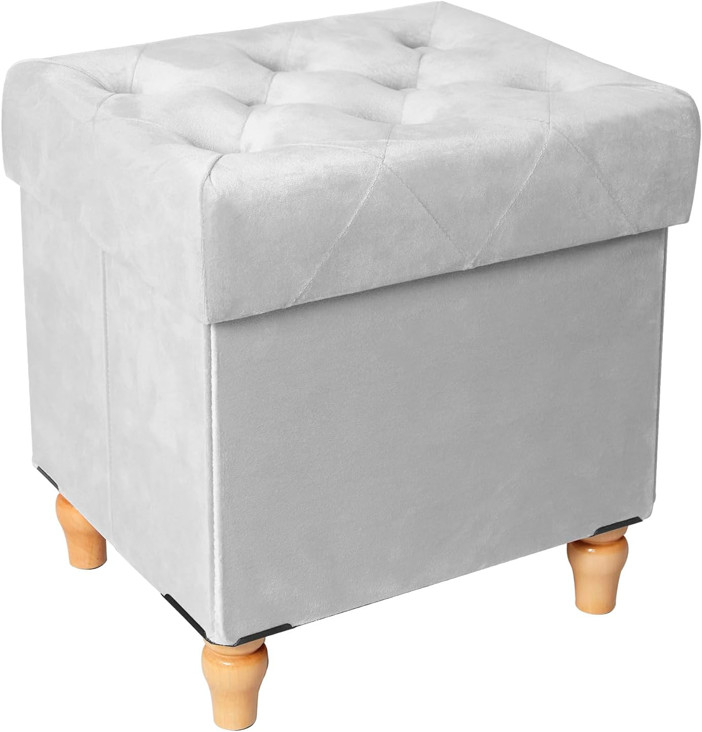 CAROLMADE Folding Storage Ottoman Cube Velvet Footstool with Wood Legs Ottoman Footrest for Living Room and Bedroom Brown, Grey 15"x12.6"x15.4”