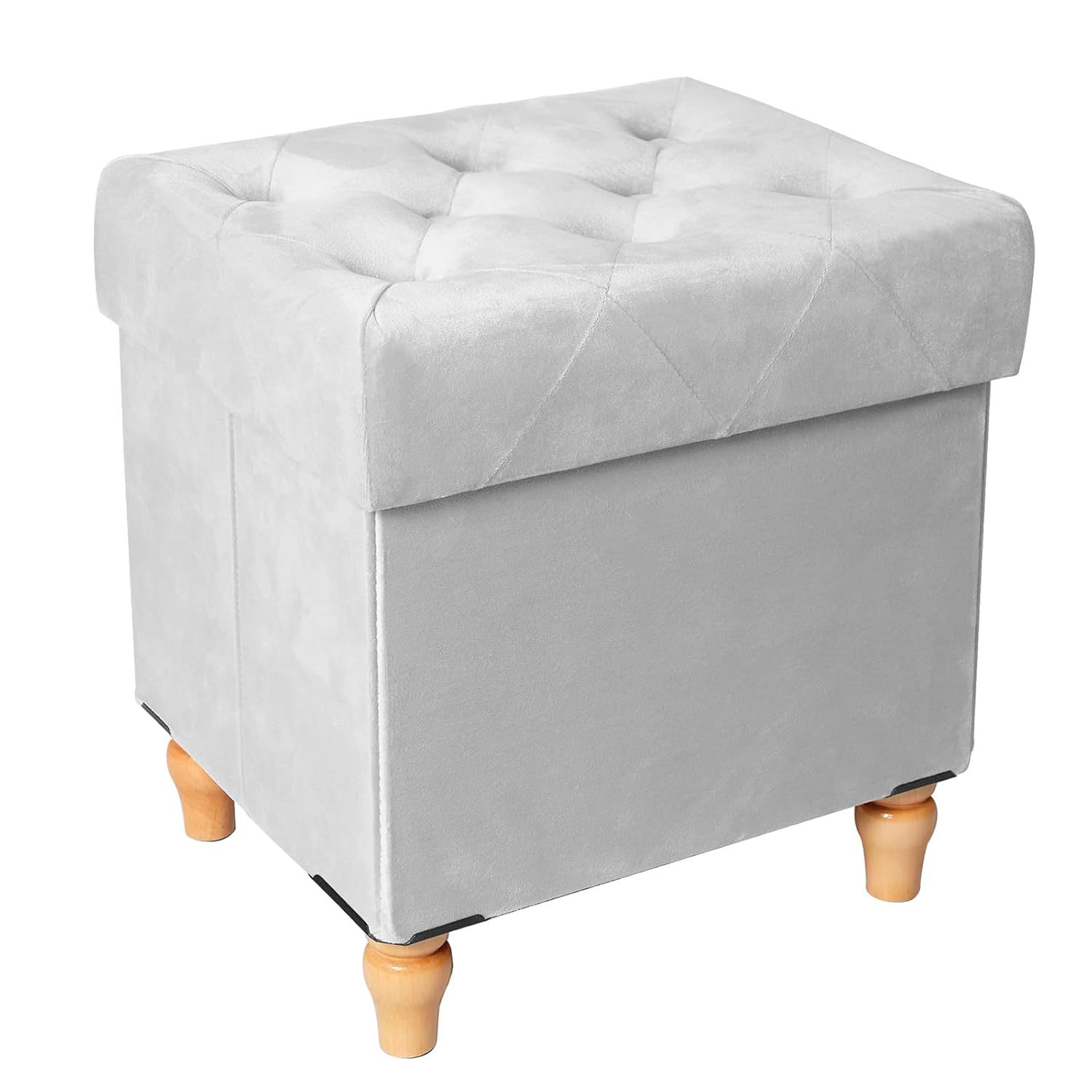 CAROLMADE Folding Storage Ottoman Cube Velvet Footstool with Wood Legs Ottoman Footrest for Living Room and Bedroom, Grey 15"x12.6"x15.4”