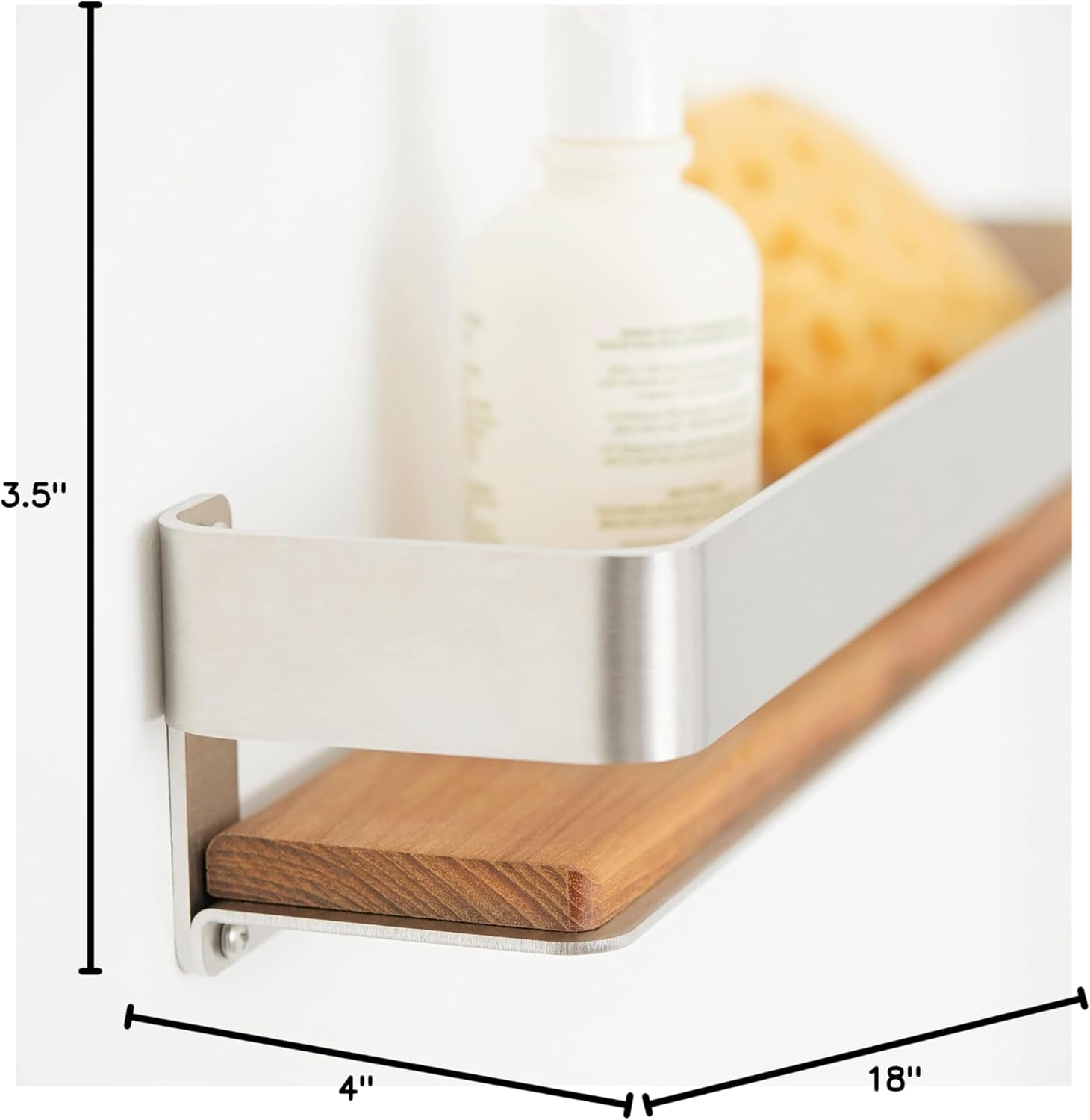 Seachrome Rectangular Shower Shelf with Rail in a Satin Finish and Natural Teak Wood Insert