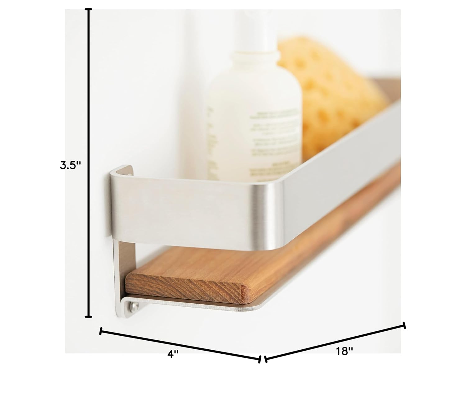 18 in. x 4 in. Rectangular Shower Shelf with Rail in Matte Black and Natural Teak Wood Insert