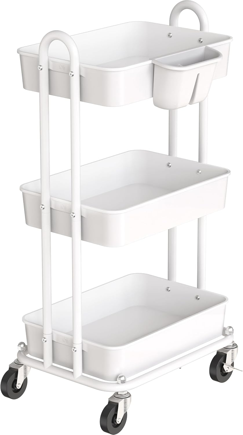 Simple Houseware 3-Tier Multifunctional Rolling Utility Cart with Hanging Bucket, White