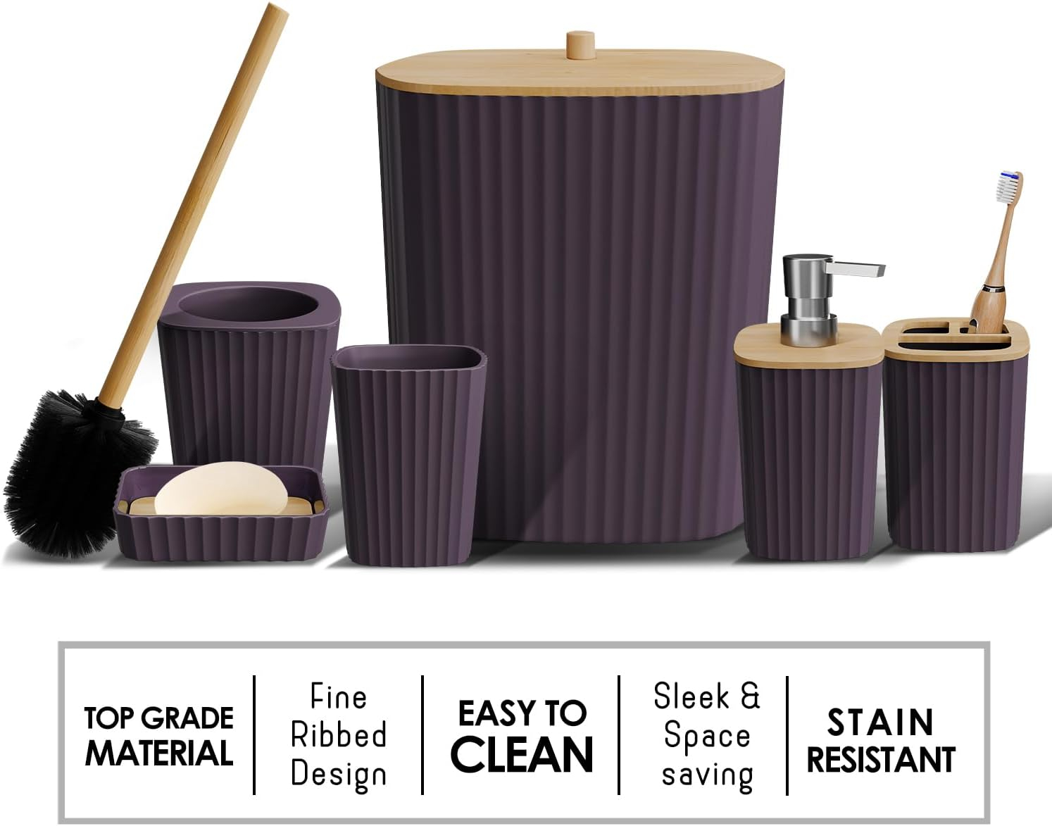 Clara Clark Bathroom Set - Purple Bathroom Accessories Set, 6PC Bathroom Accessory Set, Bathroom Sets with Toilet Brush, Trash Can & Soap Dispenser