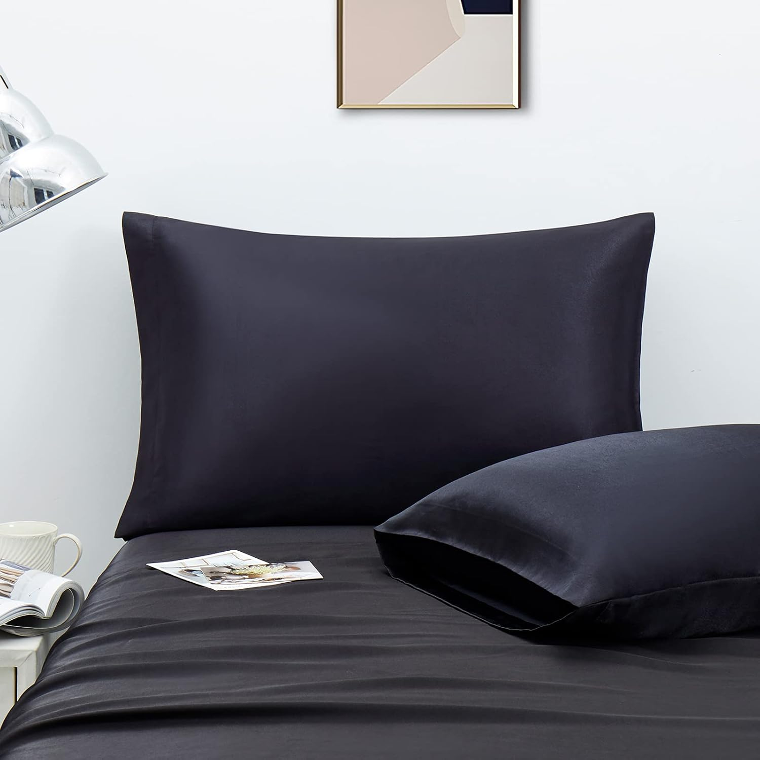 Unique Bargains Set of 4 Silky Satin Pillowcases Pillow Cover Black King