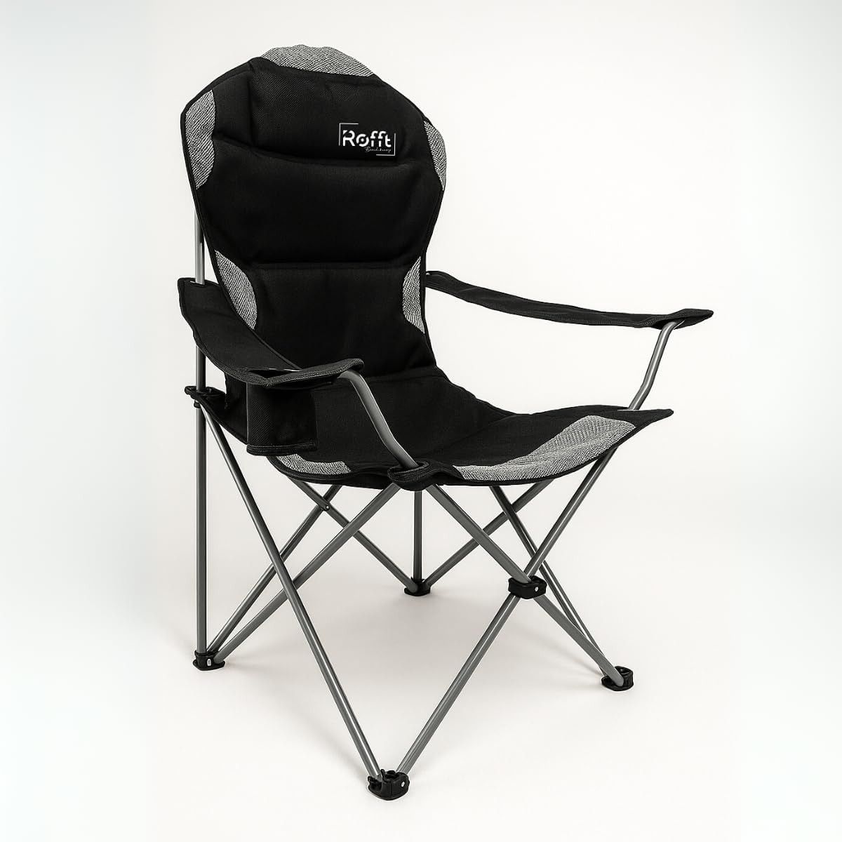 ROFFT Camping Chair, Folding, Heavy Duty, Portable, 250 lb Capacity, High Back, with Cup Holder, Black