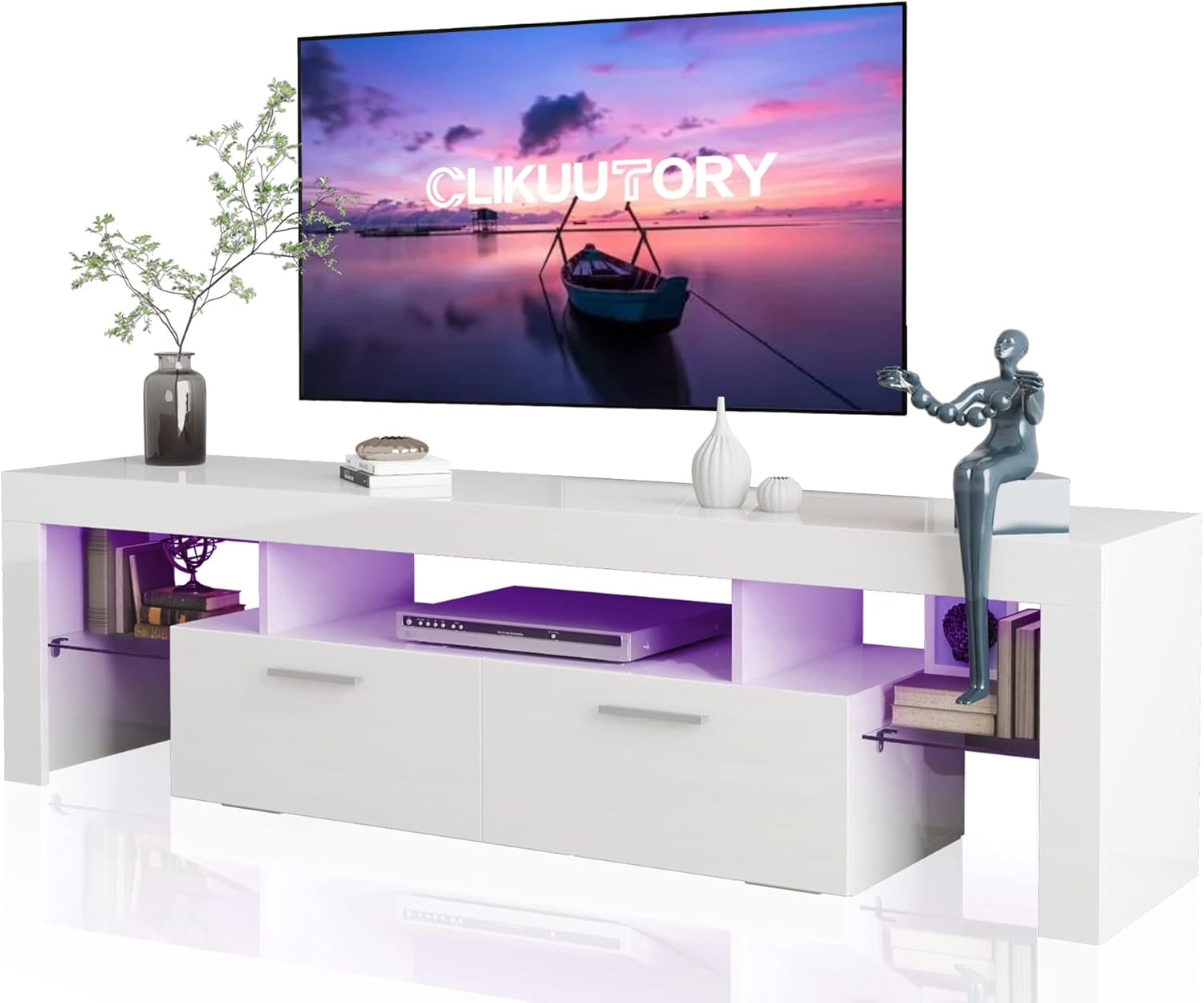 Clikuutory Modern LED 63 inch Long TV Stand with Large Storage Drawer for 50 55 60 65 70 75 Inch TVs, White Wood TV Console with High Glossy Entertainment Center for Living Room, Bedroom, White