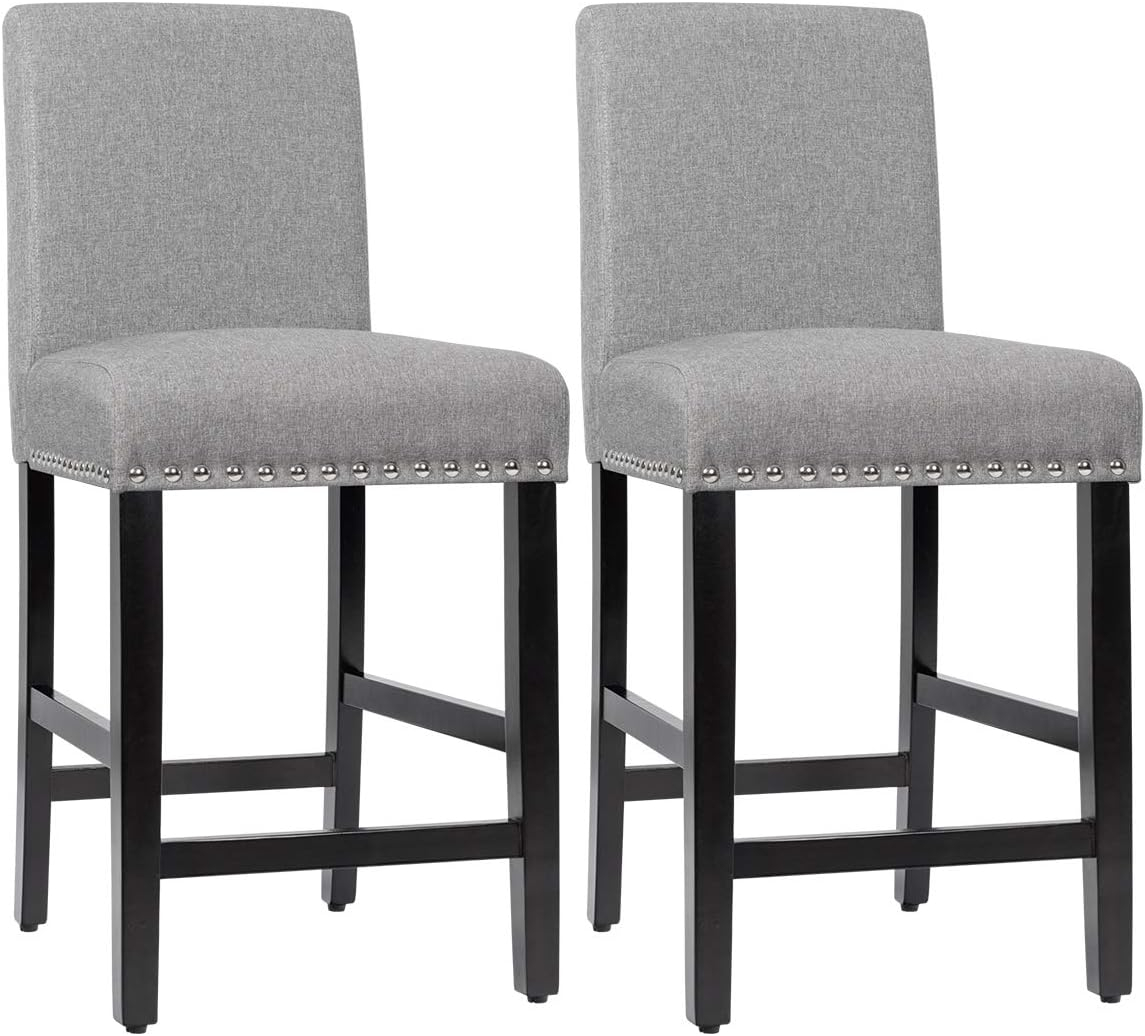 GOTMINSI Counter Height Bar Stool, Classic Upholstered 24 Inches Counter Height Stools Set of 4 barstools with Solid Wood Legs and Grey Fabric