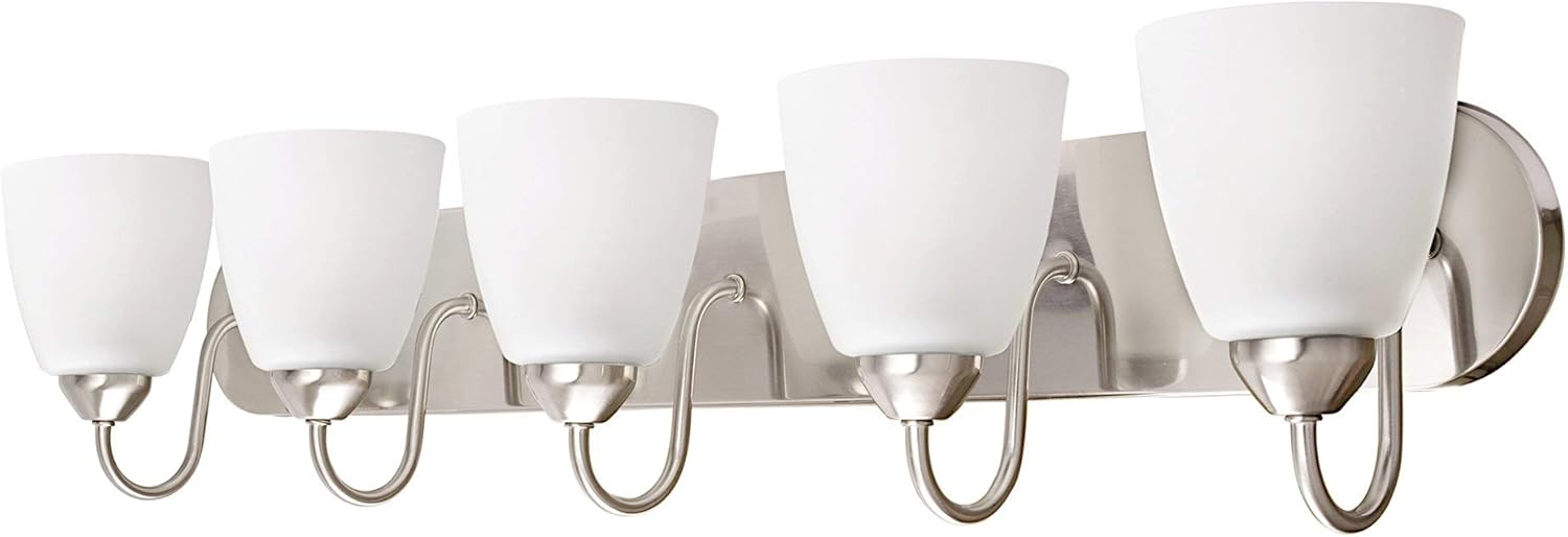 Kira Home Armada 37" 5-Light Over Mirror / Bathroom Light, Frosted Glass Shades, Curved Arms, Brushed Nickel