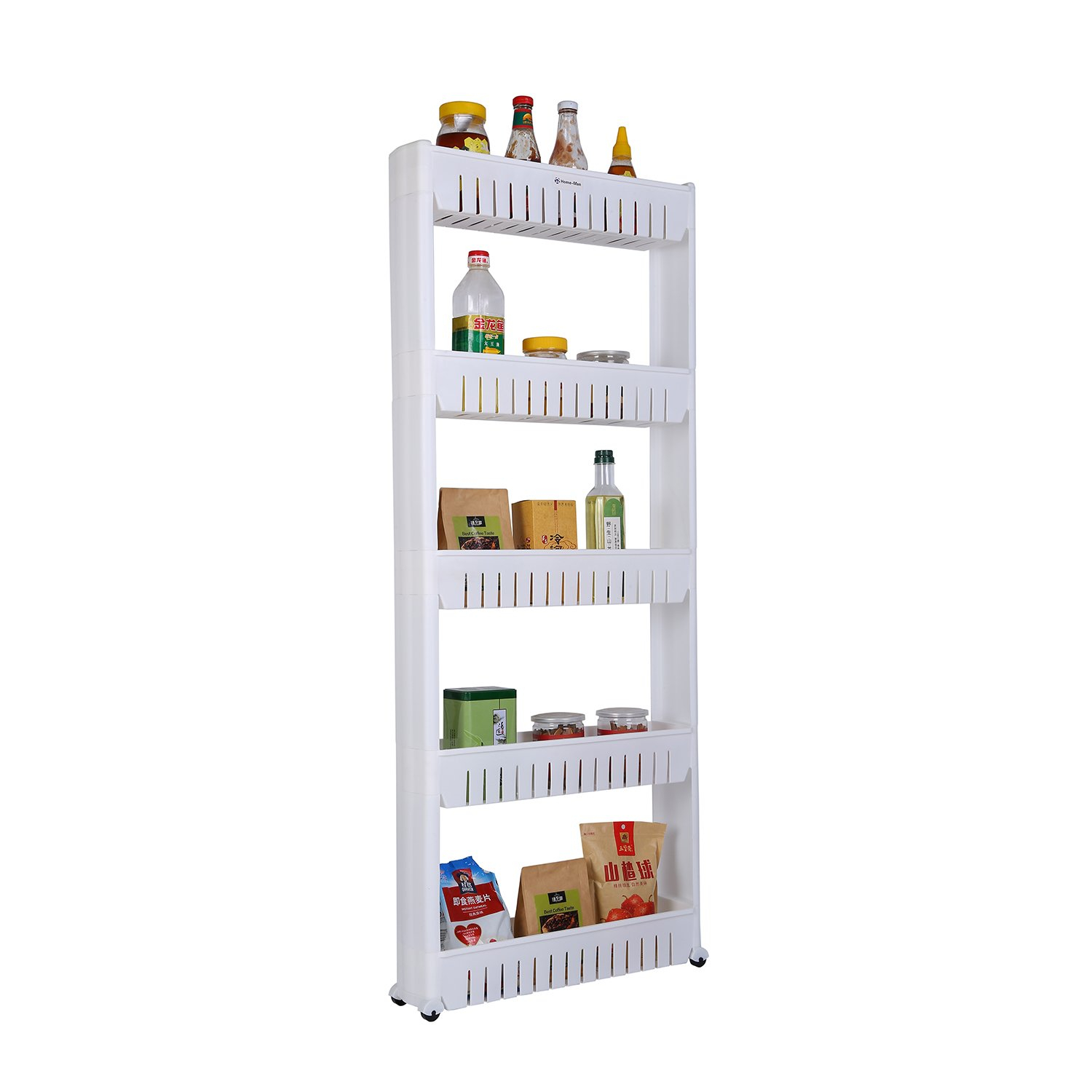 Laundry Room Organizer, Mobile Shelving Unit Organizer with 5 Large Storage Baskets, Gap Storage Slim Slide Out Pantry Storage Rack for Narrow Spaces