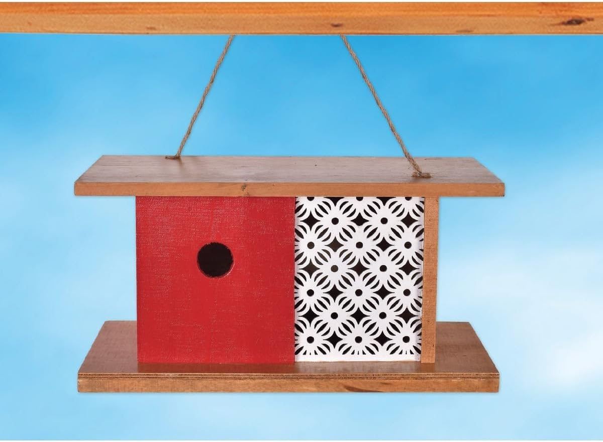 Red and White Wooden Mid-Century Modern Birdhouse