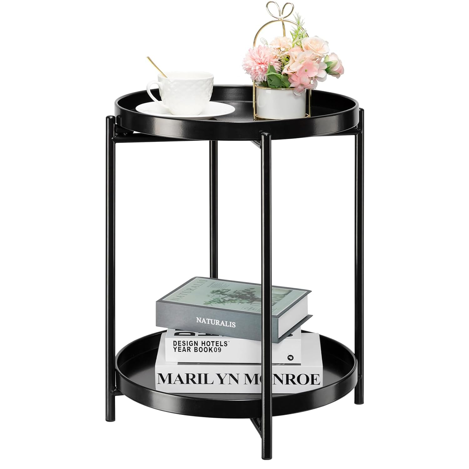 danpinera 2-Tier Round Side Table, Metal End Table with Removable Tray, Small Outdoor Table Accent Table, Anti-Rust Black Nightstand for Bedroom Balcony Patio (Black)