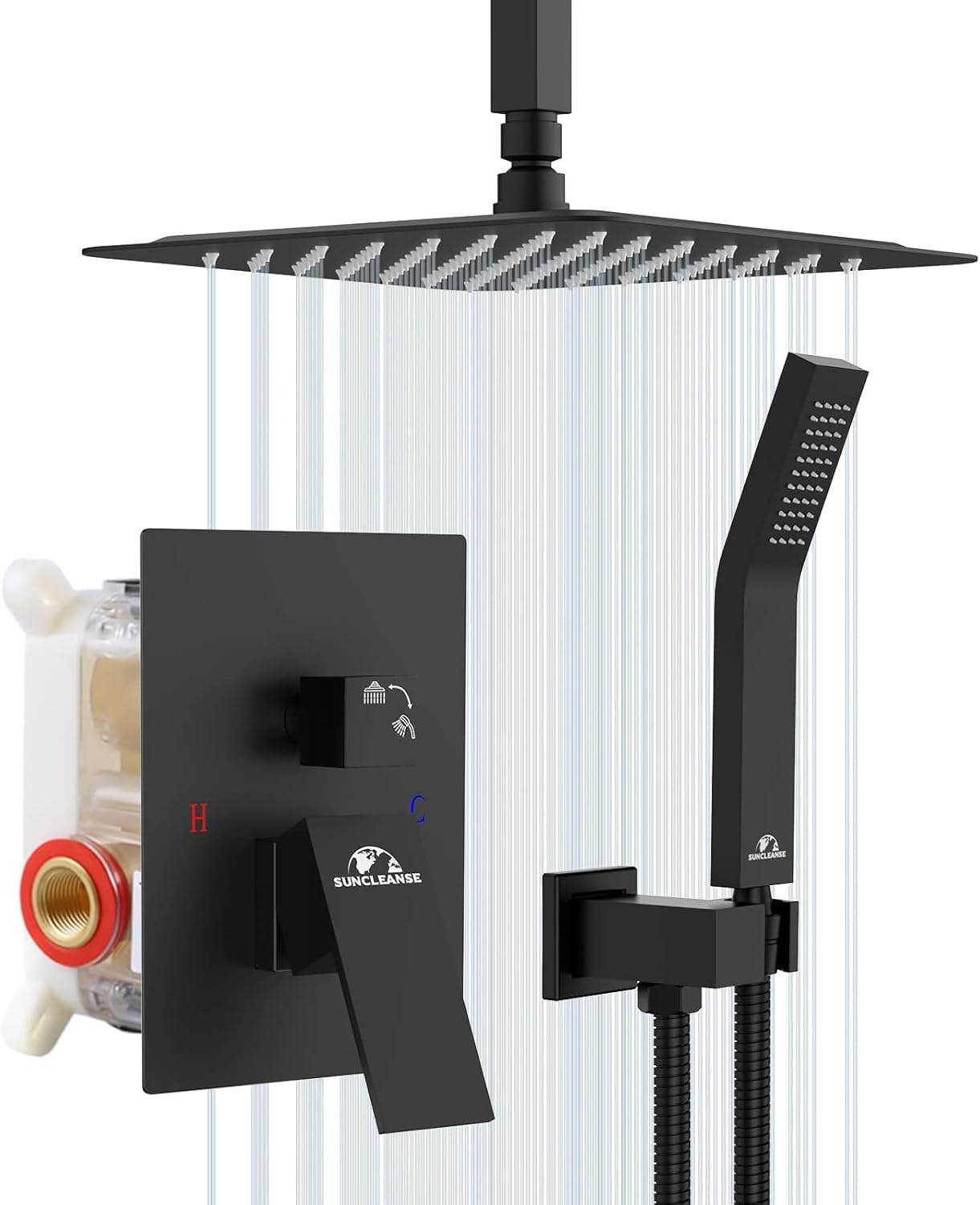 SunCleanse Rainfall Shower System Matte Black Ceiling Mounted Shower System Combo Set with High Pressure 12 Inches Square Rain Shower Head Handheld and Shower Faucet Rough-in Mixer Valve and Trim