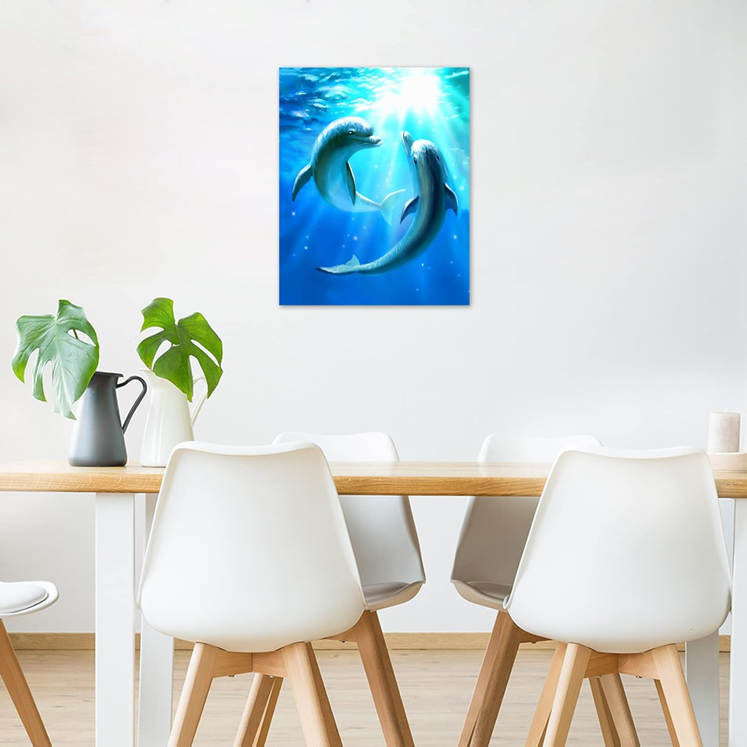 HVEST Dolphin Canvas Wall Art Cute Dolphins Playing Under Sea with Sunshine Picture Printing Artwork for Living Room Bedroom Bathroom Wall Decor,Stretched and Framed Ready to Hang,12x16 Inches