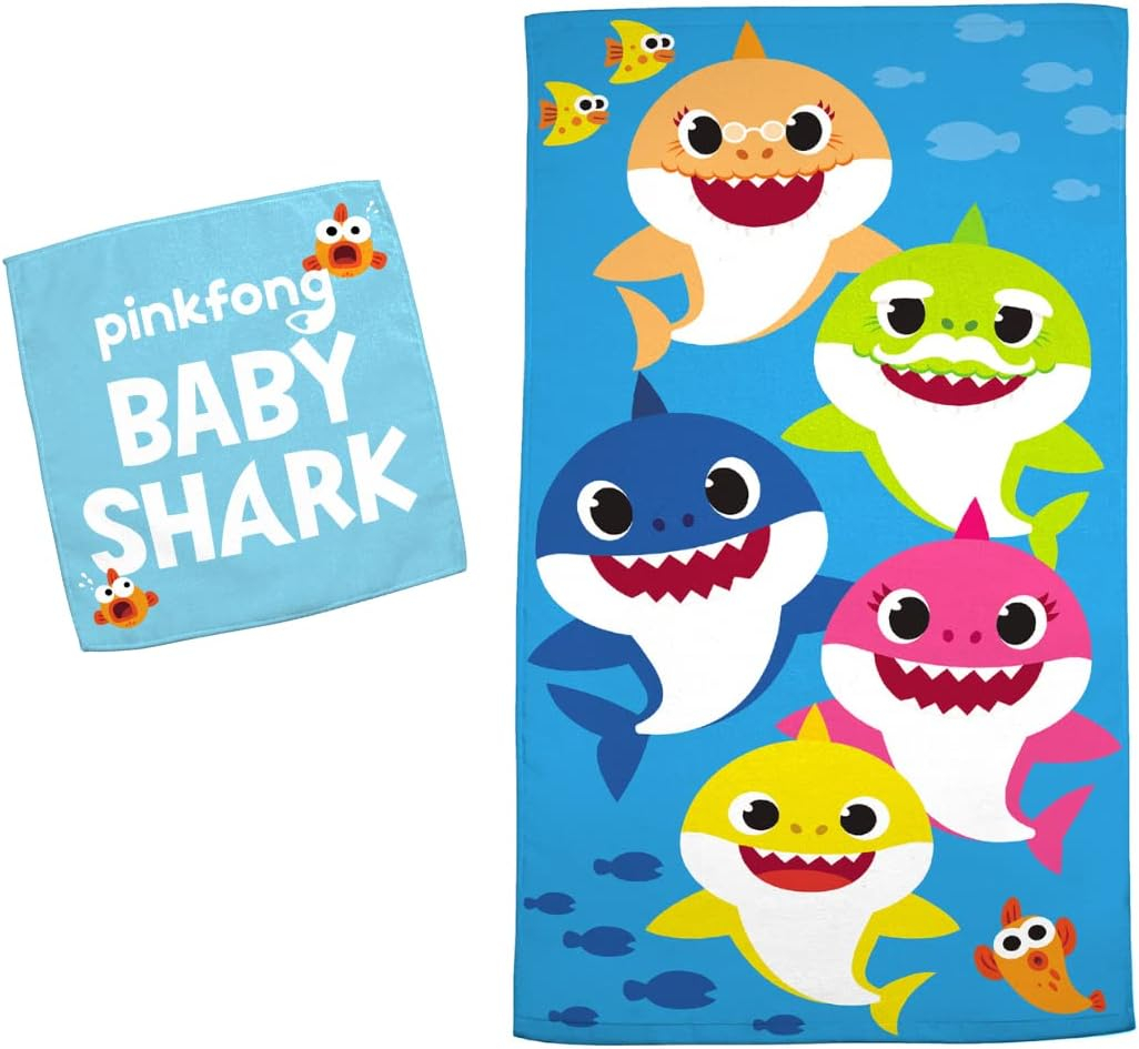 Franco Kids Bath and Beach Soft Cotton Terry Towel with Washcloth Set, 25" x 50", Baby Shark