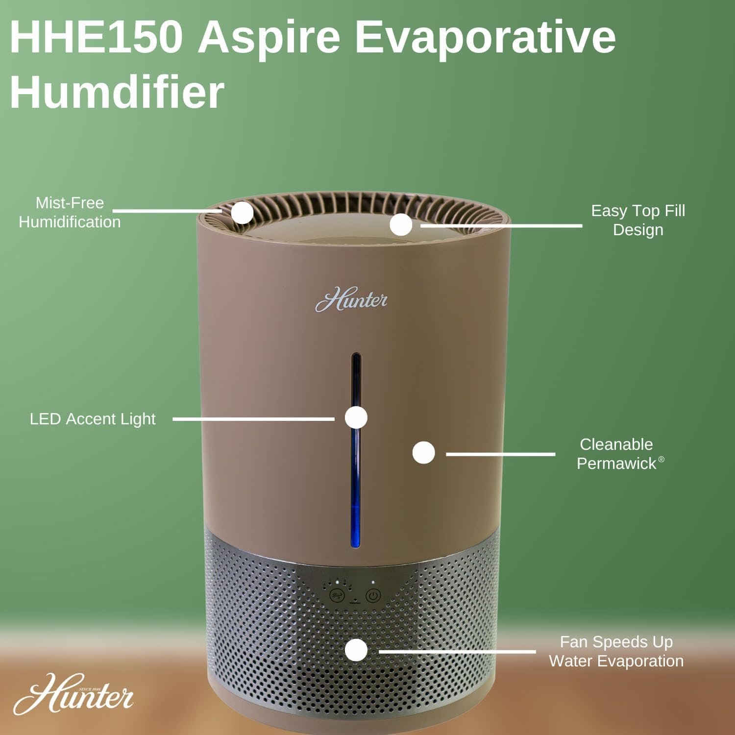 HHE150 Hunter Aspire 4.8L Evaporative Humidifier with PermaWick Filter (4.8L) - Remove Contaminants & White Dust for Clean Mist & Air – Medium Humidifier for Home, Bedroom, or Dorm - Taupe