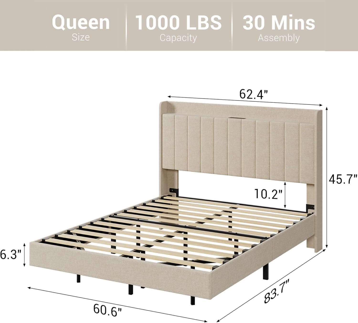 GarveeHome Queen Floating Bed Frame with Charging Station & Storage Headboard, Upholstered Platform Full Size Bed Frame with LED Lights, Solid Wood Slats, Beige