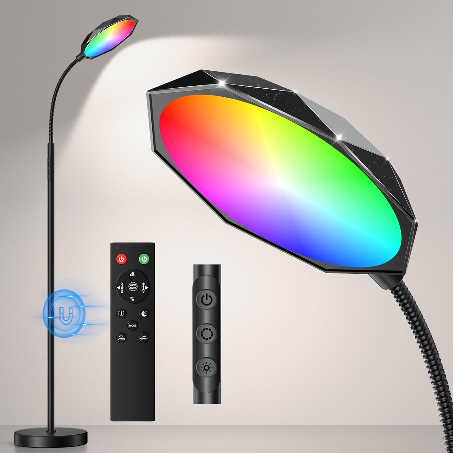 Floor Lamp, 18W Bright LED Floor Lamps for Living Room with Diamond-Surface, Stepless Adjustable Colors & Dimmer Standing Lamp with Timer, Remote & Touch Control, Reading Lights for Bedroom, Office