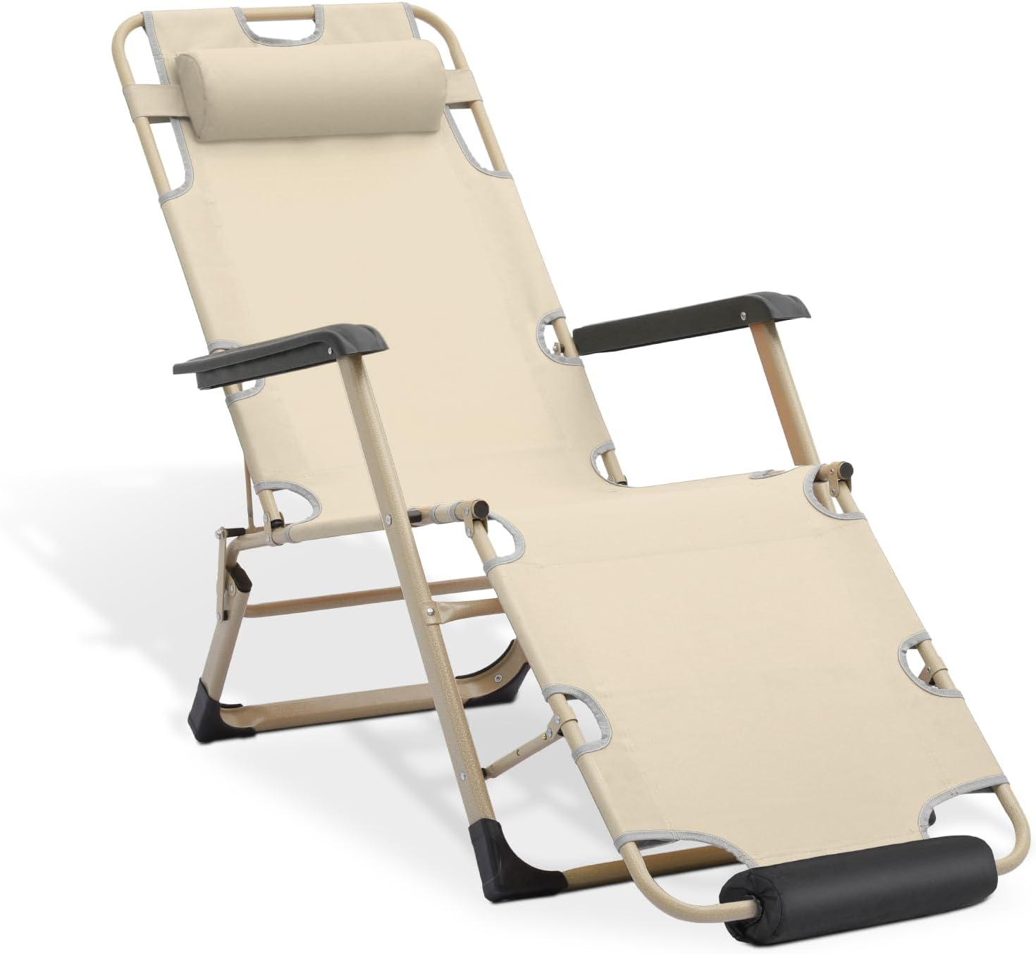 MoNiBloom Lounge Chair with Adjustable Headrest and Foot Pads, Outdoor Foldable Recliner, Folding Reclining Lounger for Adults, Support 330lbs, Cream