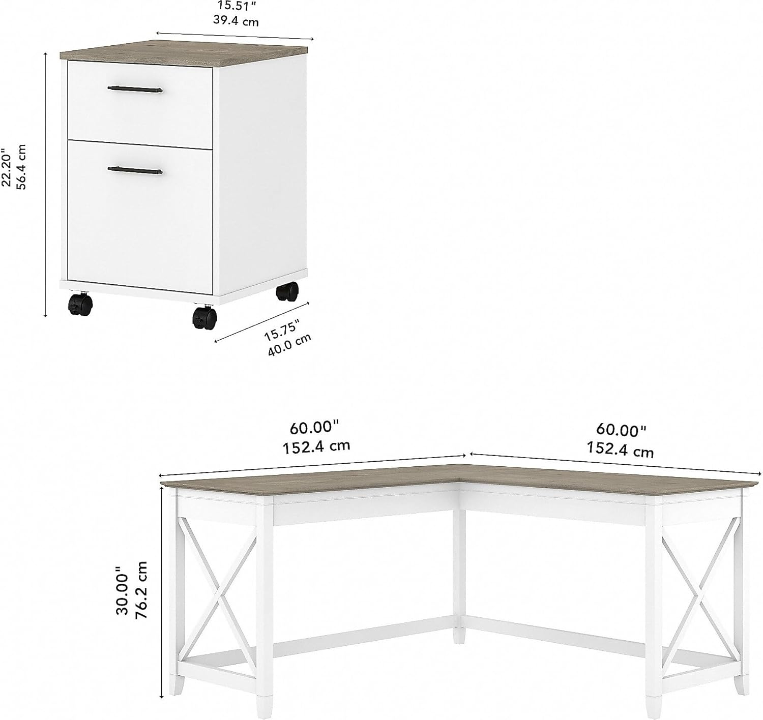 Pure White Engineered Wood L-Shaped Desk with Mobile File Cabinet