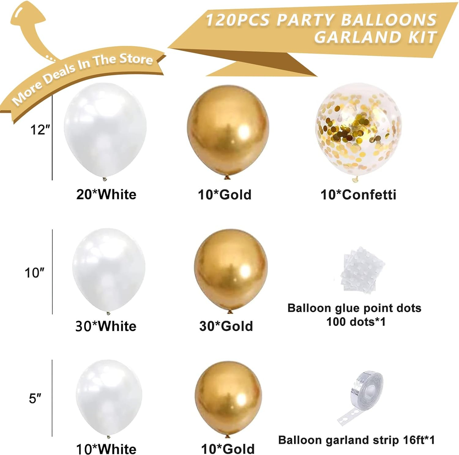 NISOCY White and Gold Balloons Garland Kit, 120PCS White Metallic Gold Confetti Balloon Arch Kit for Birthday Wedding Engagements Graduation Baby Bridal Shower Anniversary Party Decorations