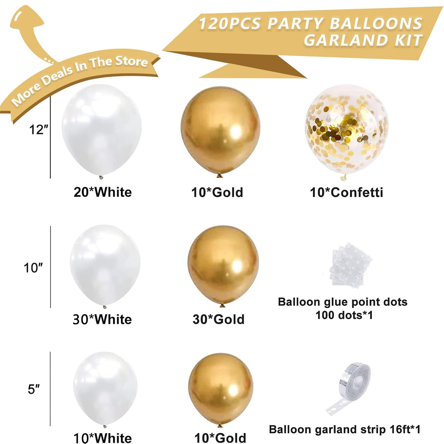 NISOCY White and Gold Balloons Garland Kit, 120PCS White Metallic Gold Confetti Balloon Arch Kit for Birthday Wedding Engagements Graduation Baby Bridal Shower Anniversary Party Decorations