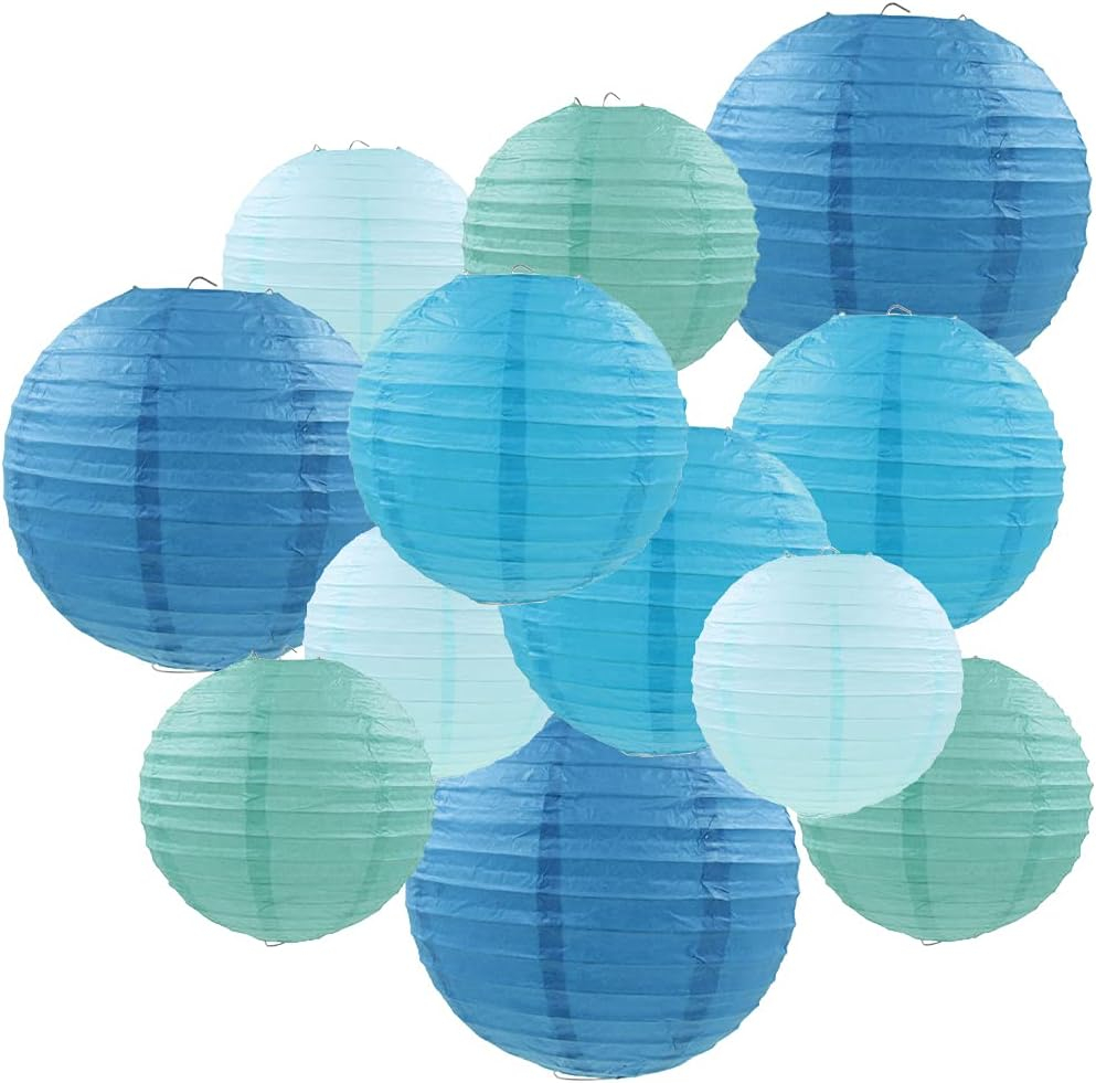 Blue Paper Lanterns 12 Pcs Assorted size of 6" 8" 10" 12" Chinese Round Paper Hanging Decorations Lanterns Lamps for Home Decorations, Parties, and Weddings
