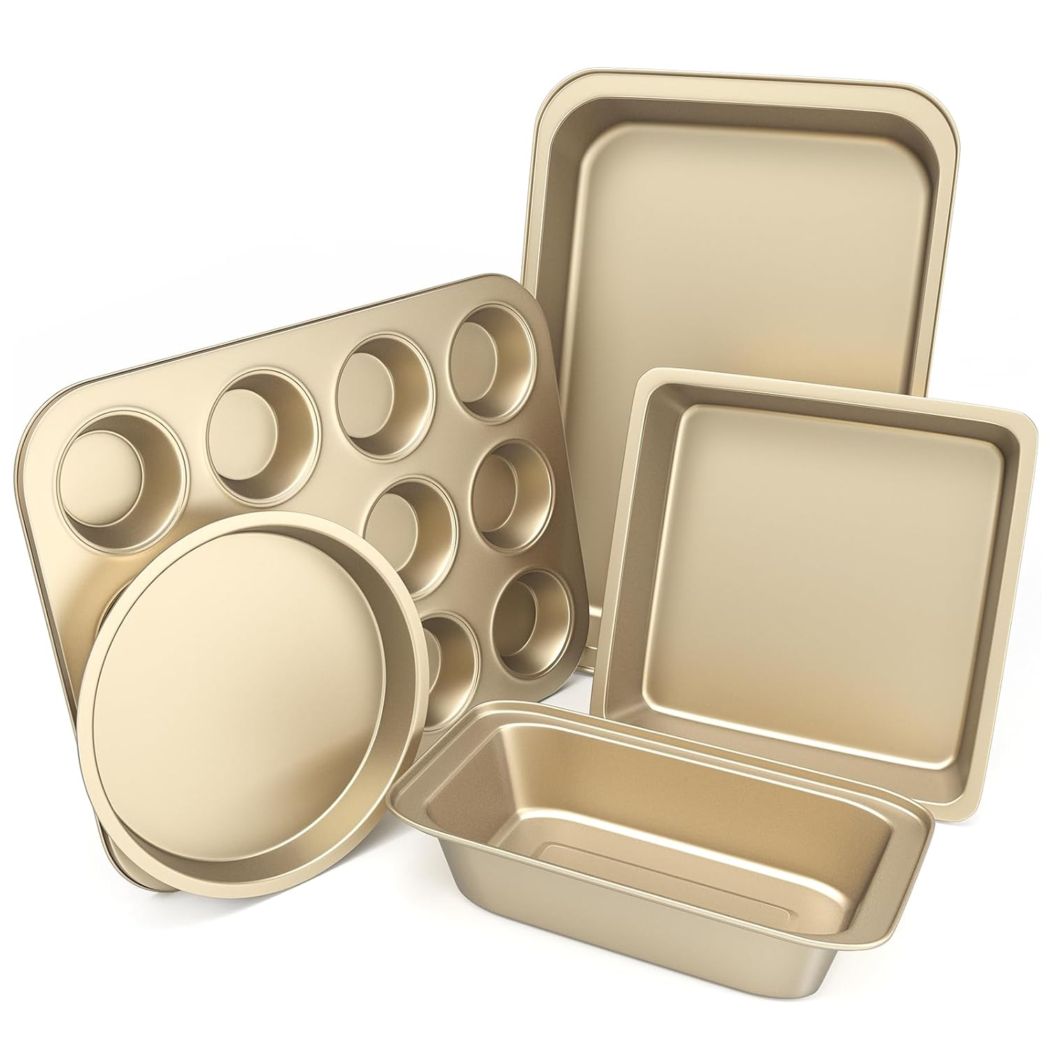 Baking Pans Set, 5-Piece Nonstick Bakeware Sets with Round/Square Cake Pan, Muffin Loaf Roast Pan, Baking Sheets for Oven, Kitchen Cookware Sets Baking Tray Baking Supplies, Gold