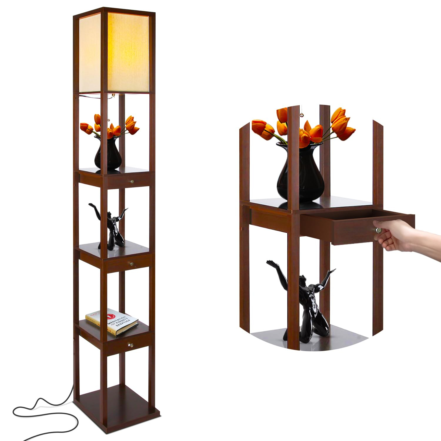 Brightech Maxwell Standing Tower Floor Lamp w/ Shelves and Drawers, Havana Brown