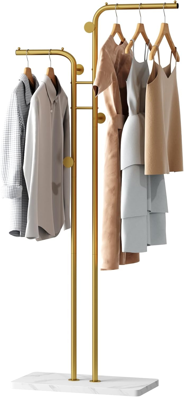 HOMEFORT Coat Rack, Freestanding Metal Coat Racks, Double-pole Clothes Hat Stand with 5 Hooks for Closet, Bedroom, Entryway, Living Room, Gold