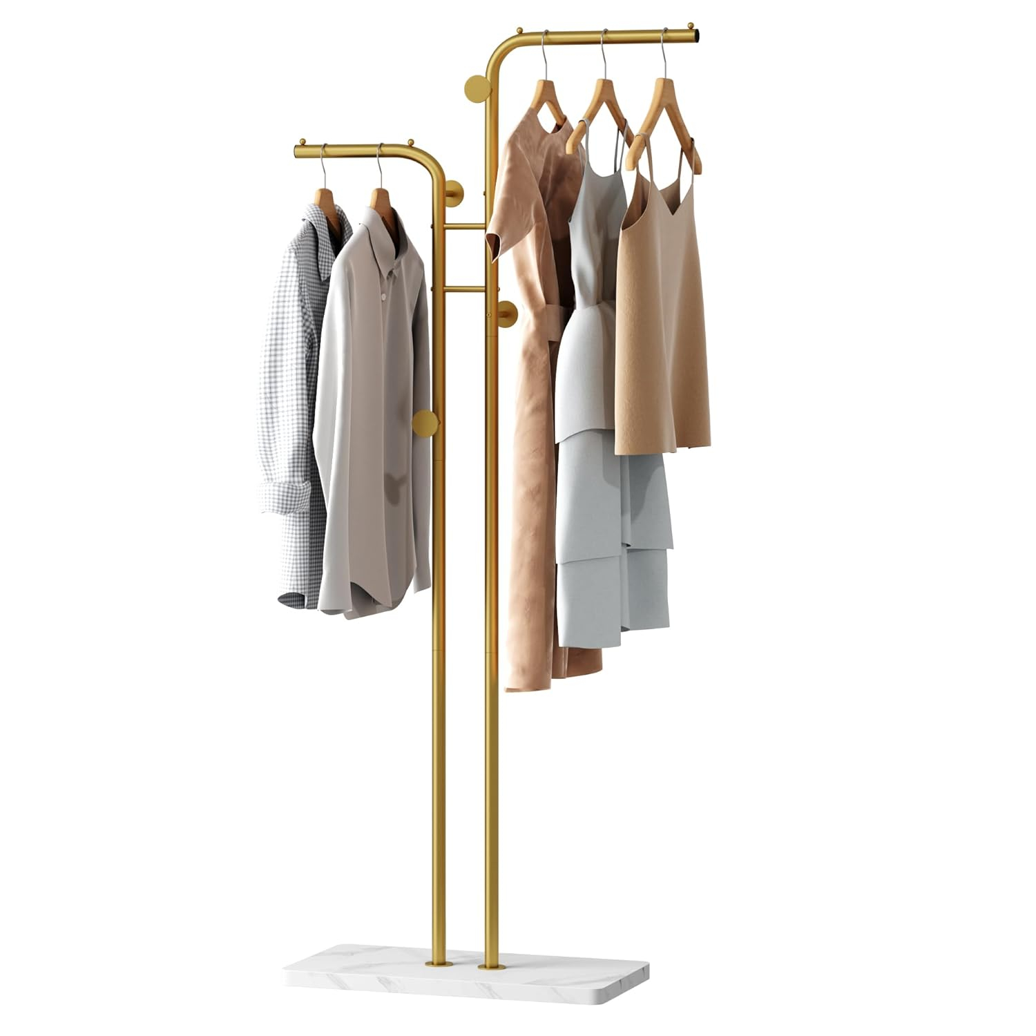 HOMEFORT Coat Rack, Freestanding Metal Coat Racks, Double-pole Clothes Hat Stand with 5 Hooks for Closet, Bedroom, Entryway, Living Room, Gold