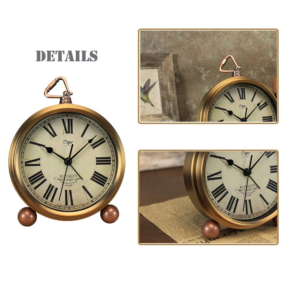 Maxspace Metal Golden Table Clock, Retro Vintage Non-Ticking Small Alarm Clock,Battery Operated Silent Quartz Movement HD Glass Desk Clock for Bedroom Living Room Indoor Decoration Kids… (Roman2)