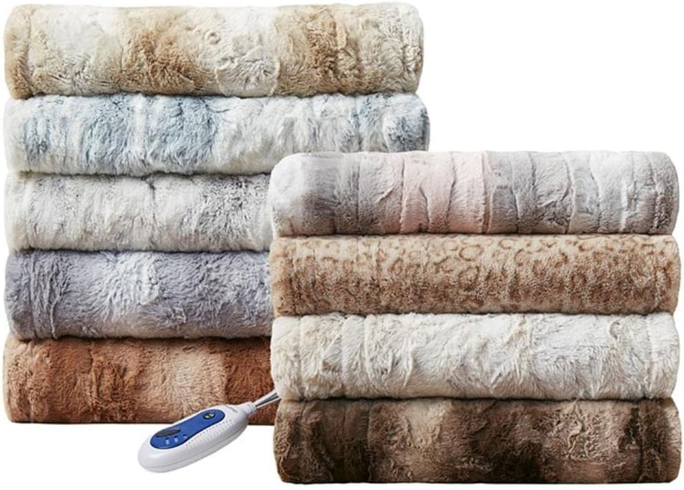 Beautyrest Zuri Reversible Faux Fur to Mink Electric Blanket, Auto Shut Off, Virtually Zero EMF, Multi Heat Setting, UL Certified, Machine Washable, Leopard Throw 50x70