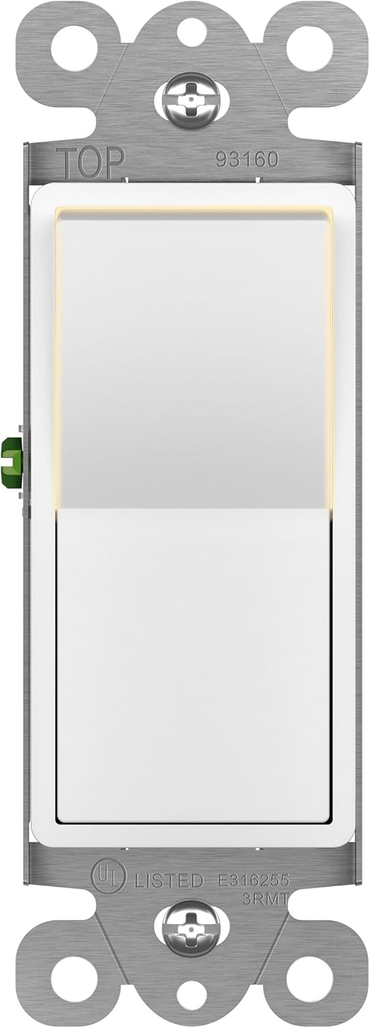 ENERLITES Illuminated 3-Way Decorator Paddle Light Switch, Three Way, Push-In and Side Wiring, Copper Wire Only, Grounding Screw, Residential Grade, 15A 120-277V, UL-Listed, 93160-W, White