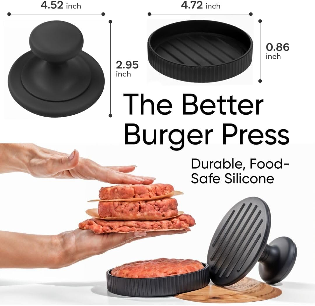 BRAVADIN Silicone Non-Stick Hamburger Press Patty Maker 1/3 lb with 100 Papers for 4.5-6" Patties with Ring Mold- Dishwasher Safe Burger Smash Press for Griddle-Burger Shaper Form Tool