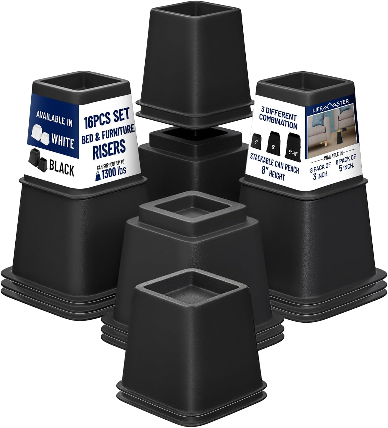 Black Heavy-Duty Adjustable Furniture Leg Risers Set, 16 Pieces