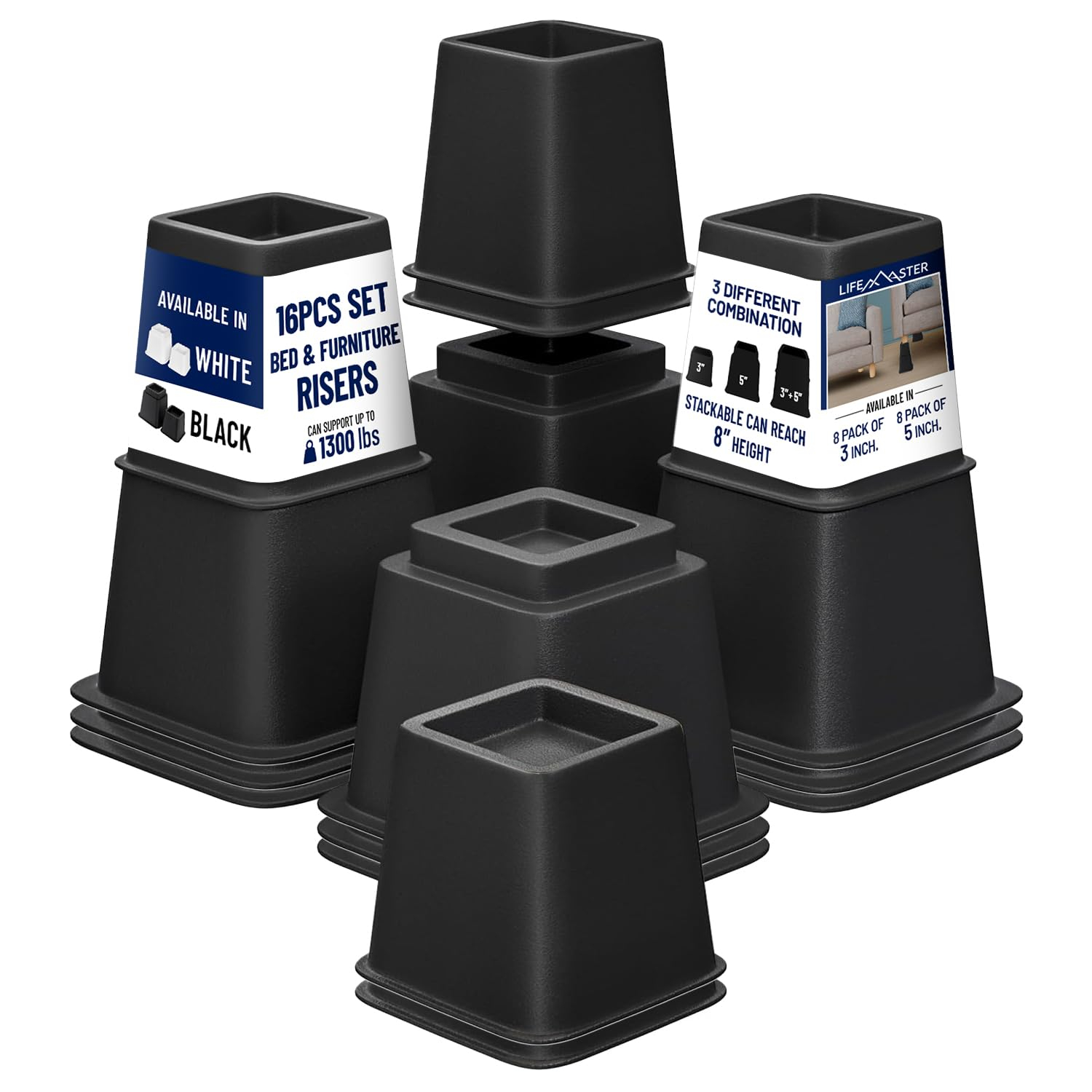 Black Heavy-Duty Adjustable Furniture Leg Risers Set, 16 Pieces