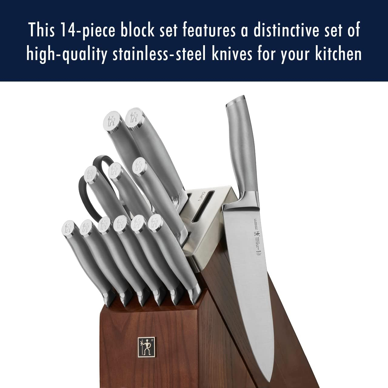 Henckels Modernist 14-pc Self-Sharpening Knife Set with Block, Chef Knife, Paring Knife, Bread Knife, Steak Knife, Dark Brown, Stainless Steel, Walnut