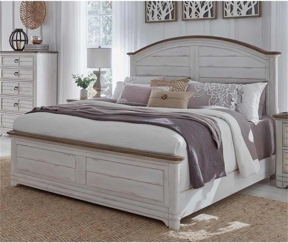 Meadowbrook White-Washed Pine King Panel Bed with Arched Headboard