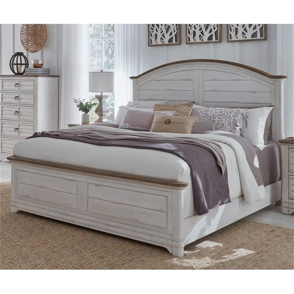 Meadowbrook White-Washed Pine King Panel Bed with Arched Headboard