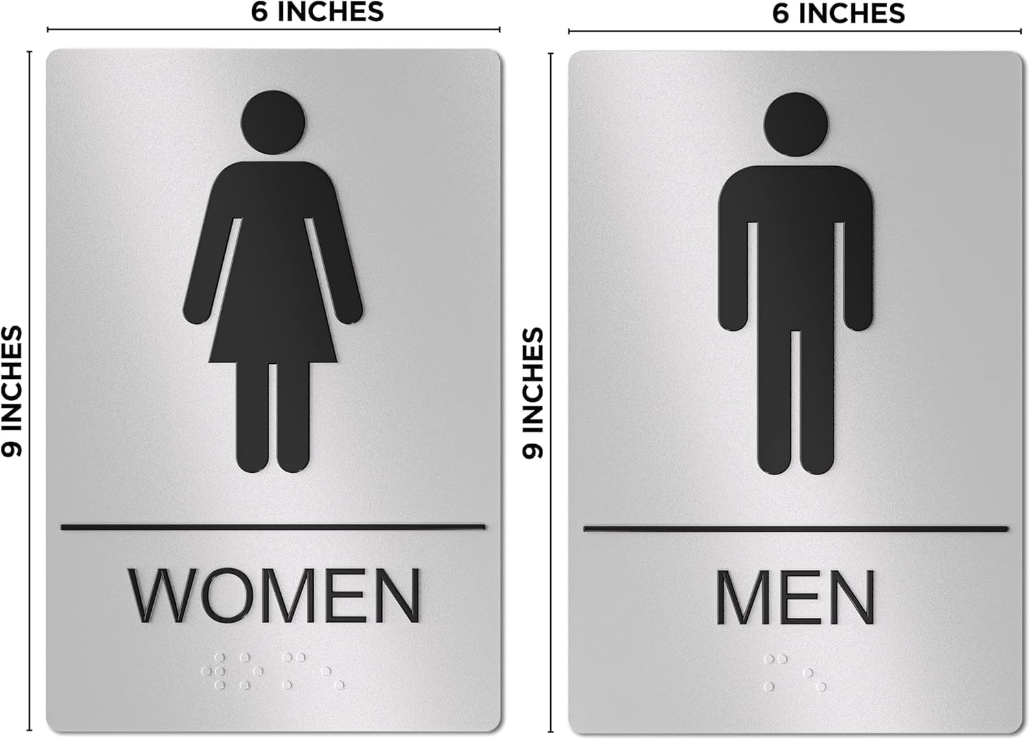 Assured Signs Restroom Sign for Wall | Bathroom Signs | 9 by 6" | Silver Acrylic | ADA Compliant with Braille | Includes Adhesives | Ideal for Office or Home