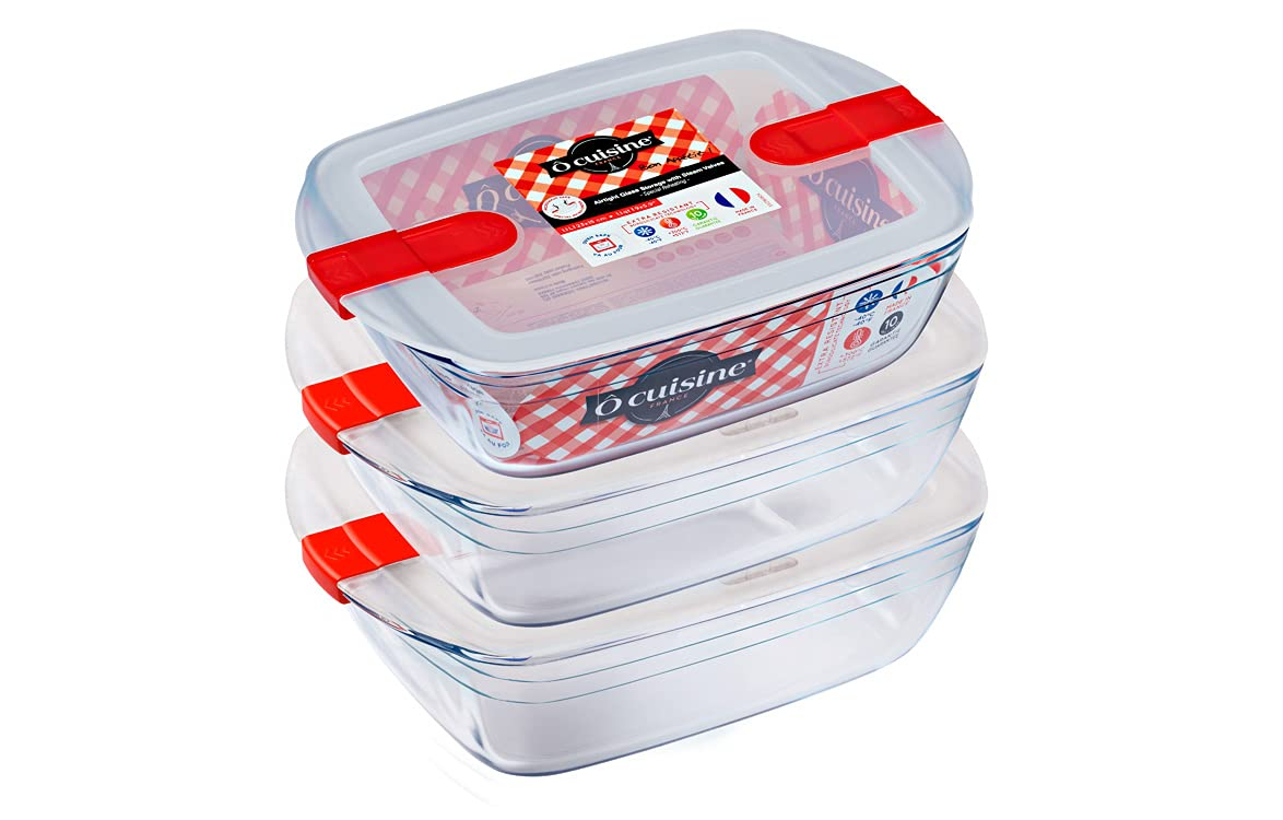 Clear Rectangular Glass Food Storage Containers Set with Red Lids