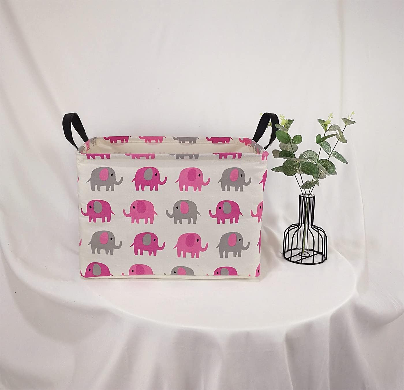 Elephant Print Rectangular Storage Bin Shelf Basket Canvas Fabric Toy Box,Waterproof Coating Nursery Hamper with Handles,Gift Basket for Home,Office,Clothes,Books(pink grey elephant)