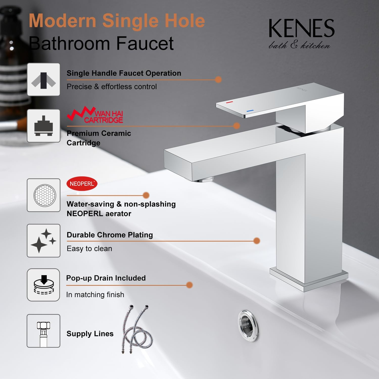 KENES Chrome Bathroom Faucet Single Handle Bathroom Sink Faucet Lavatory Vanity Faucet with Pop Up Drain & Water Supply Lines LJ-9031-5