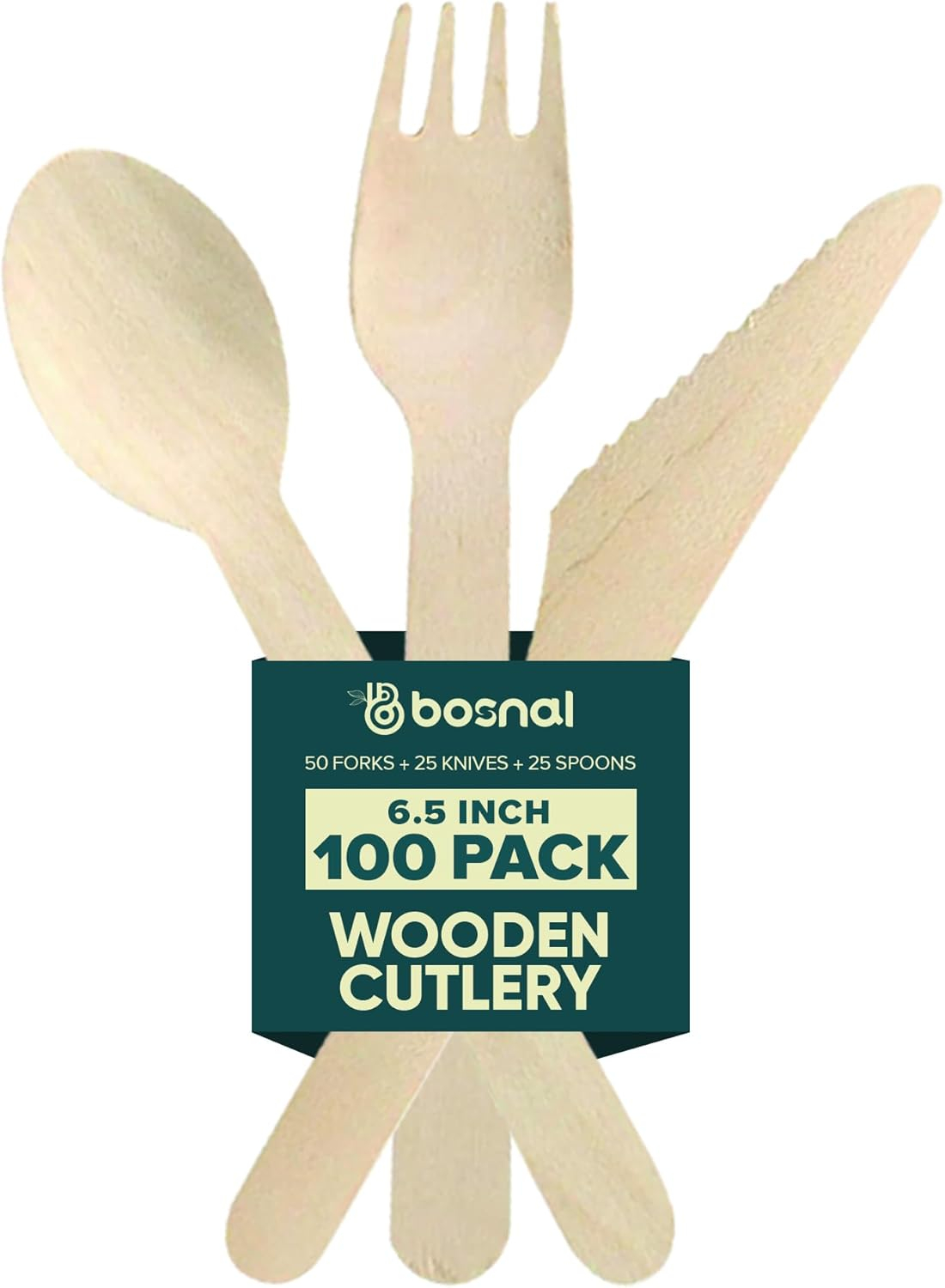 Bosnal Wooden Disposable Forks Knives and Spoons Cutlery Set, 100 Pcs