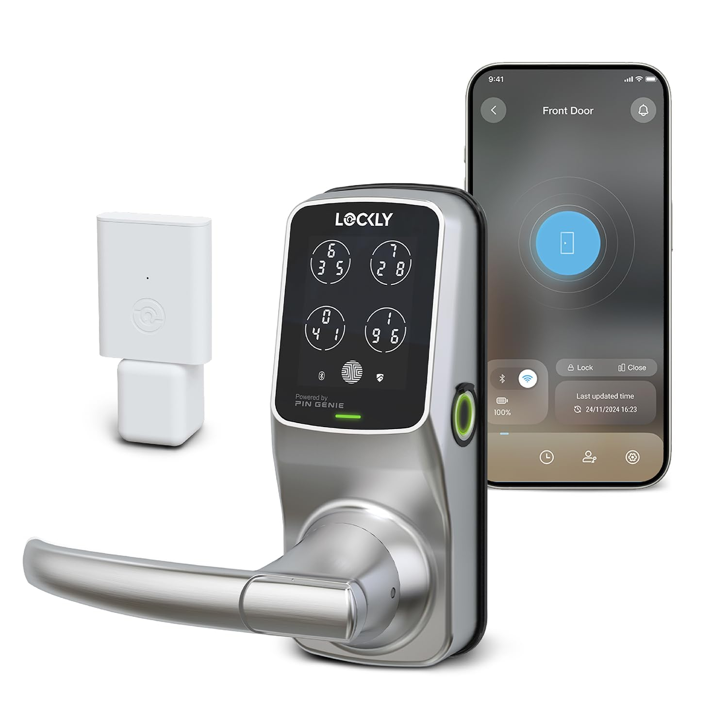 Lockly Secure Plus Bluetooth Smart Door Lock, Keyless Entry with PIN Genie® Digital Keypad, 3D Biometric Fingerprint Sensor Front Door Lock with Handle, Voice Control & Auto Lock - Latch Edition